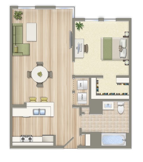 Floor plan for 1 bed, 1 bath, 688 sqft